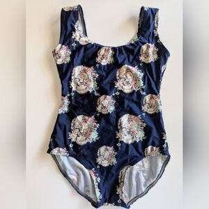 Charms Dancewear Tank Leotard Dark Navy Blue Skulls Flowers Adult M Like-New